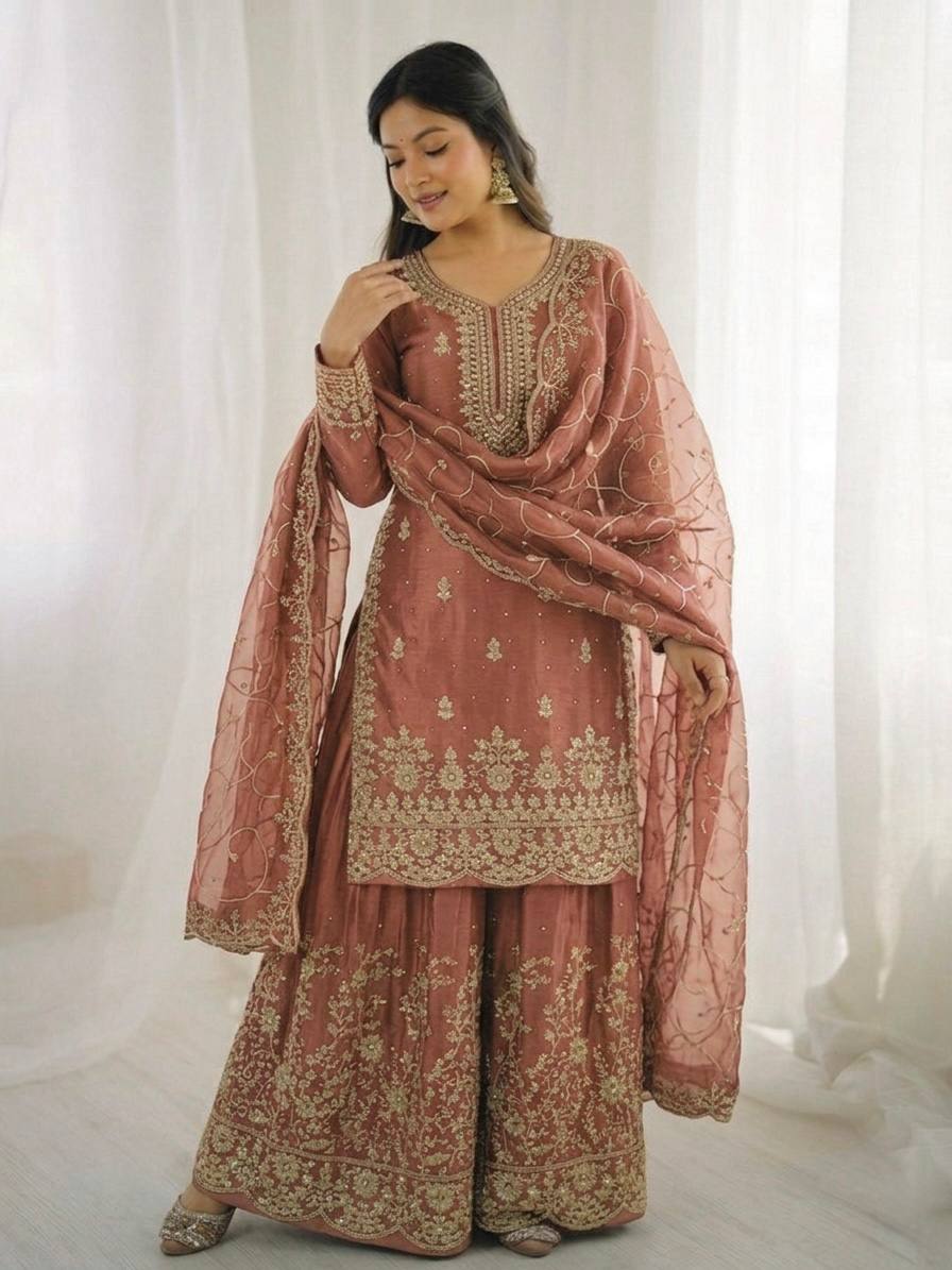 Arti Chauhan Wear Peach Color Embroidery Sequence Work Palazzo Suit ...