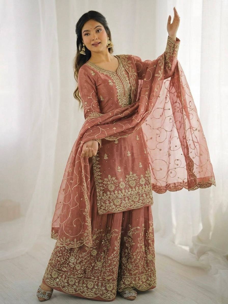 Arti Chauhan Wear Peach Color Embroidery Sequence Work Palazzo Suit ...