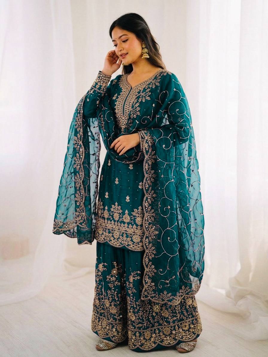 Arti Chauhan Wear Teal Green Color Embroidery Sequence Work Palazzo Su ...