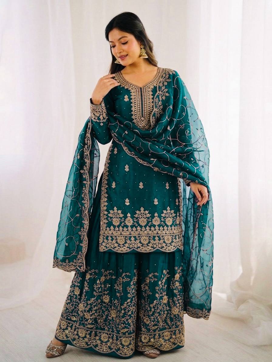 Arti Chauhan Wear Teal Green Color Embroidery Sequence Work Palazzo Su ...