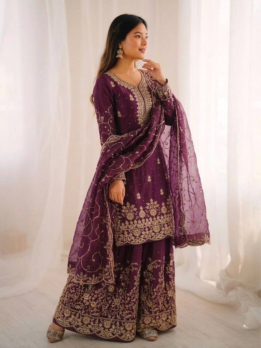 Arti Chauhan Wear Wine Color Embroidery Sequence Work Palazzo Suit ...