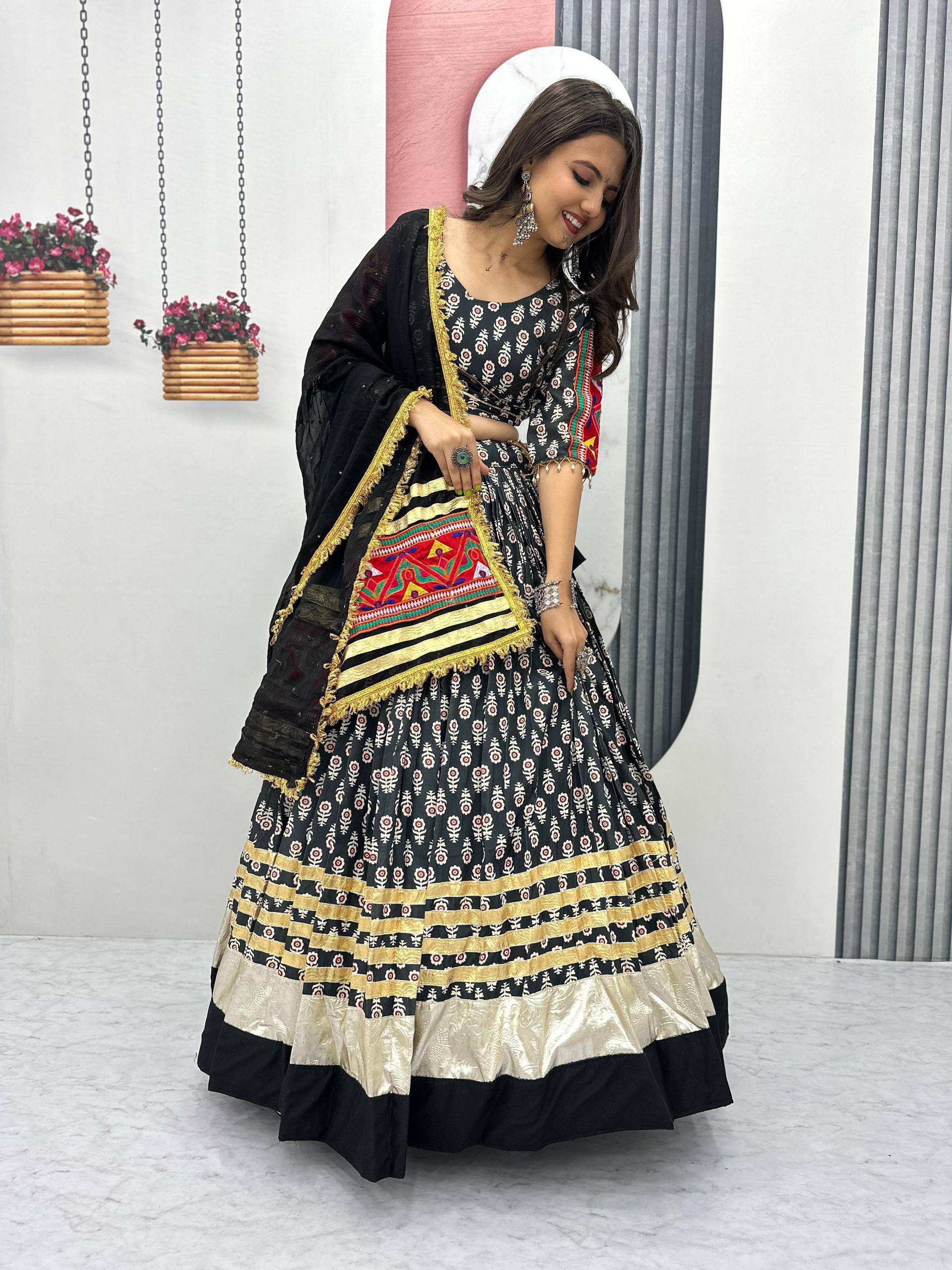 Navratri Wear Black Color Riyon Cotton With  Gamathi Embroidery Work Tradtional Wear Lehenga Choli