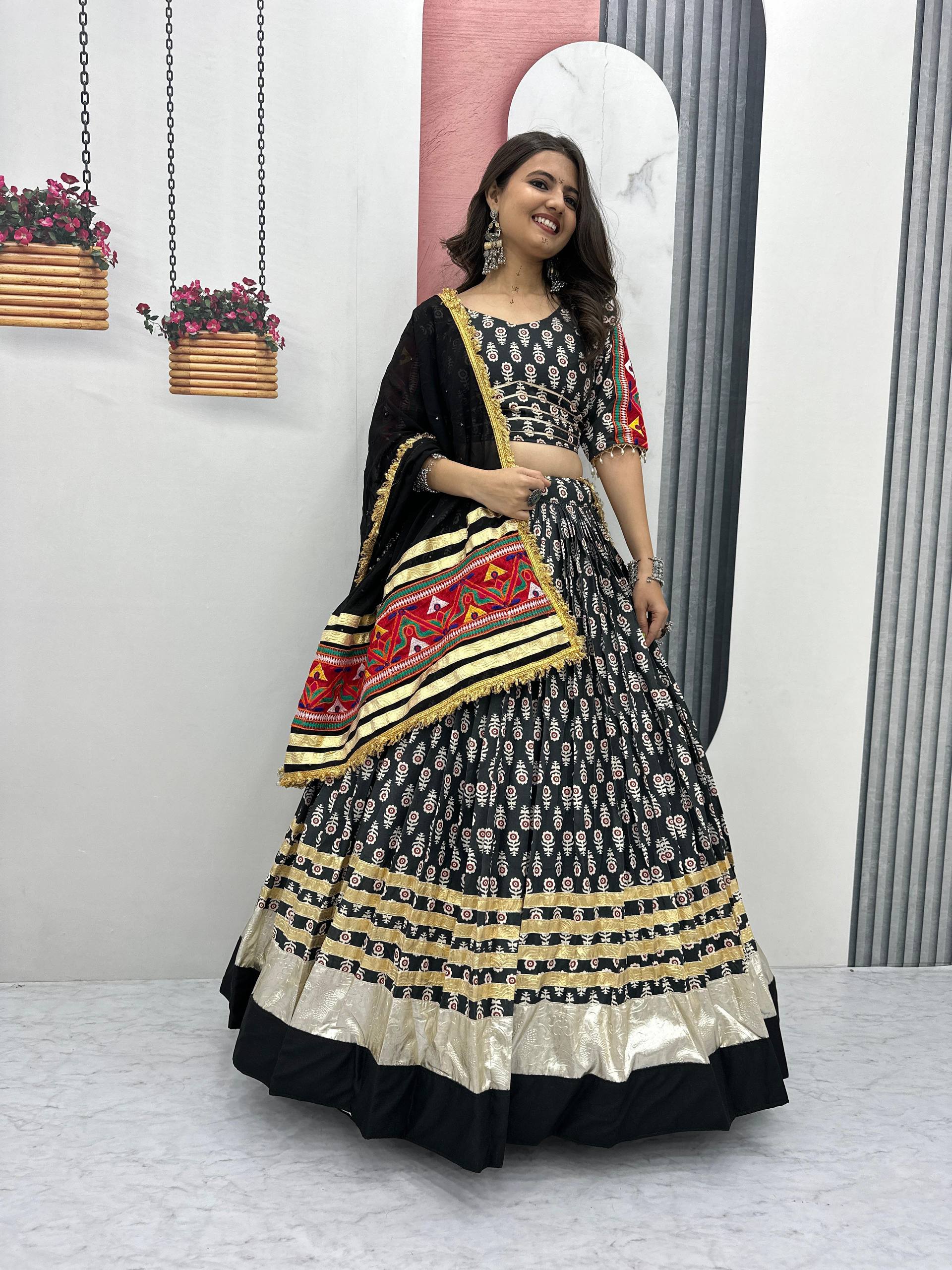Navratri Wear Black Color Riyon Cotton With  Gamathi Embroidery Work Tradtional Wear Lehenga Choli