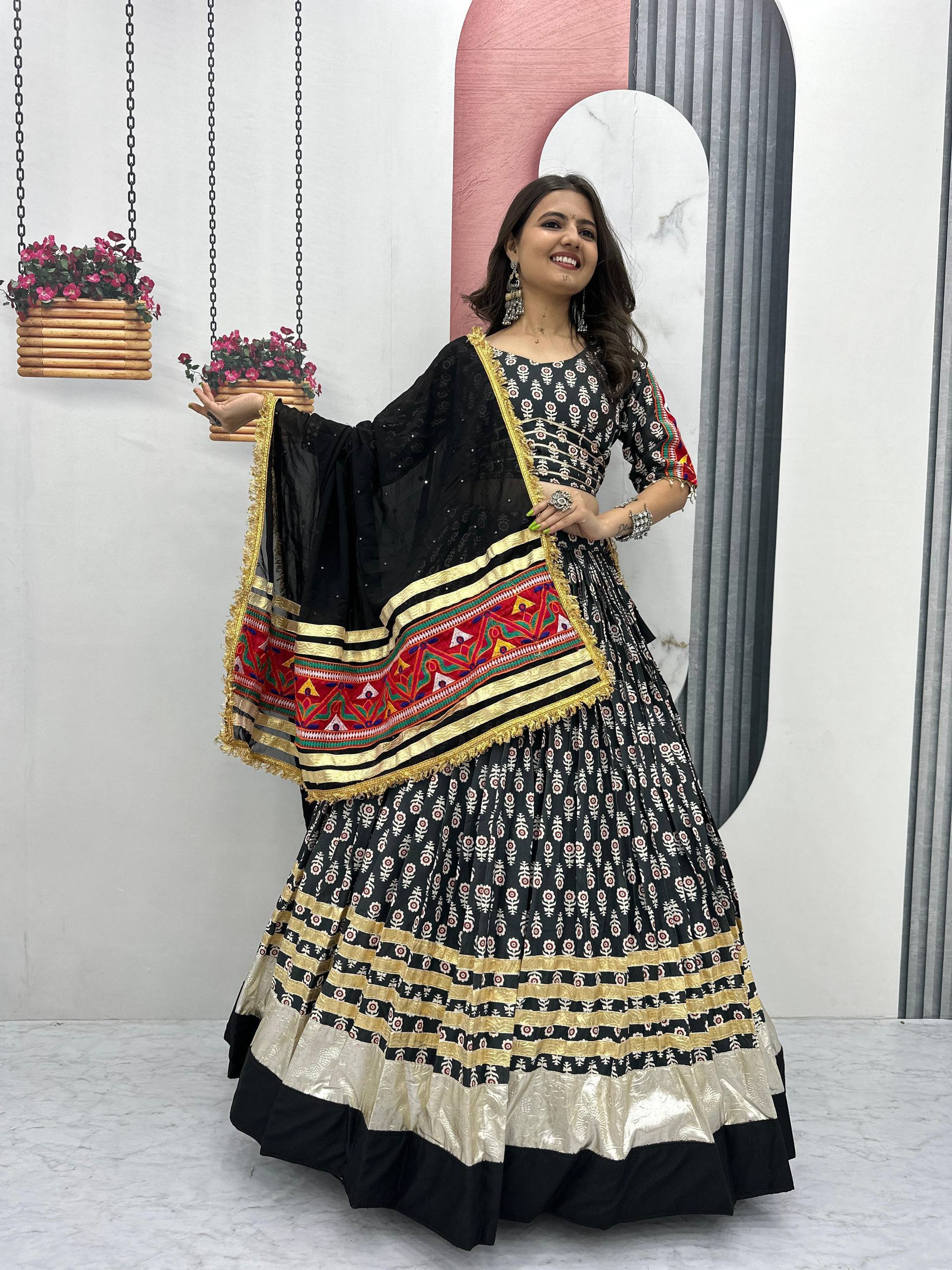 Navratri Wear Black Color Riyon Cotton With  Gamathi Embroidery Work Tradtional Wear Lehenga Choli