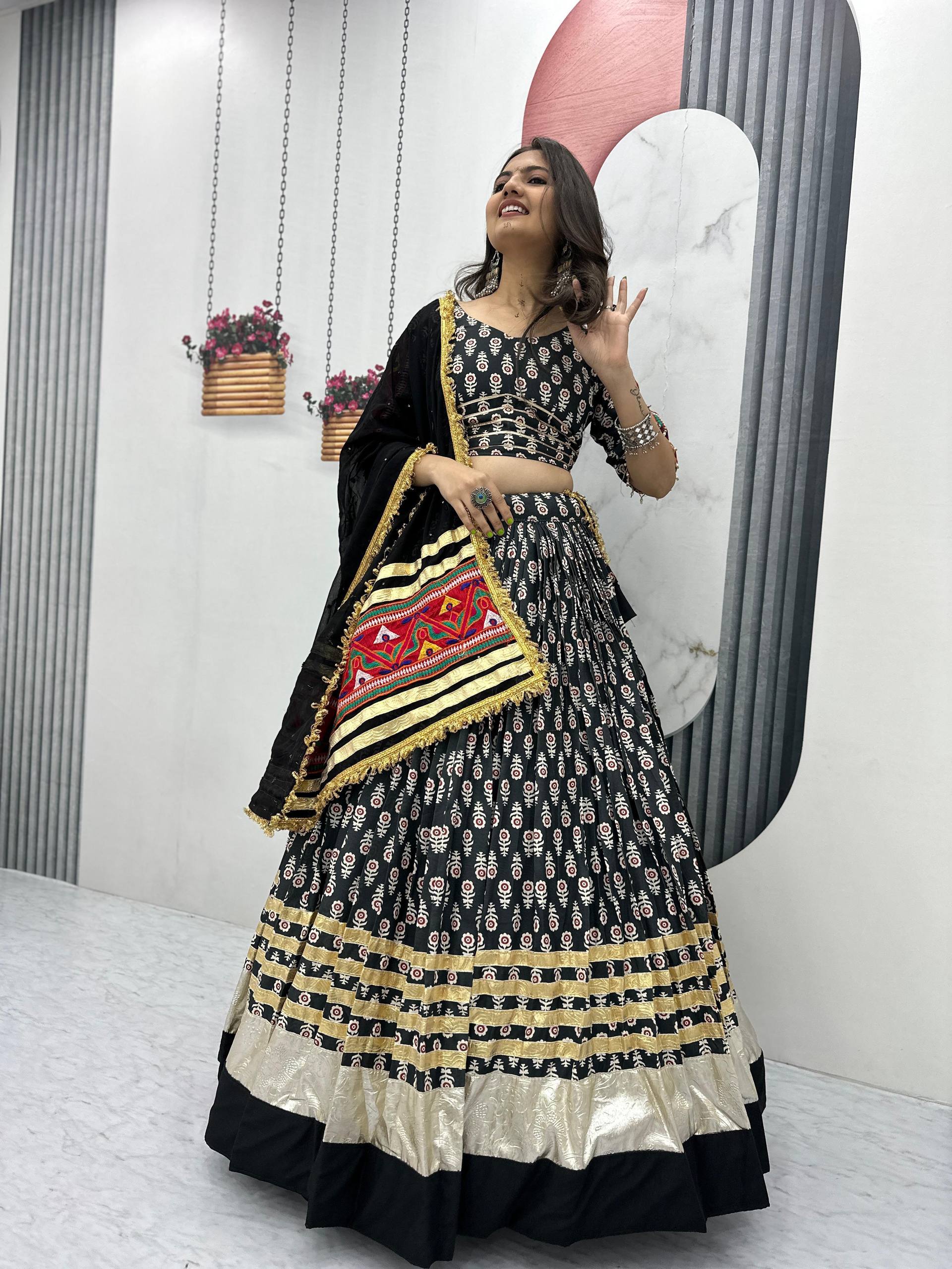 Navratri Wear Black Color Riyon Cotton With  Gamathi Embroidery Work Tradtional Wear Lehenga Choli
