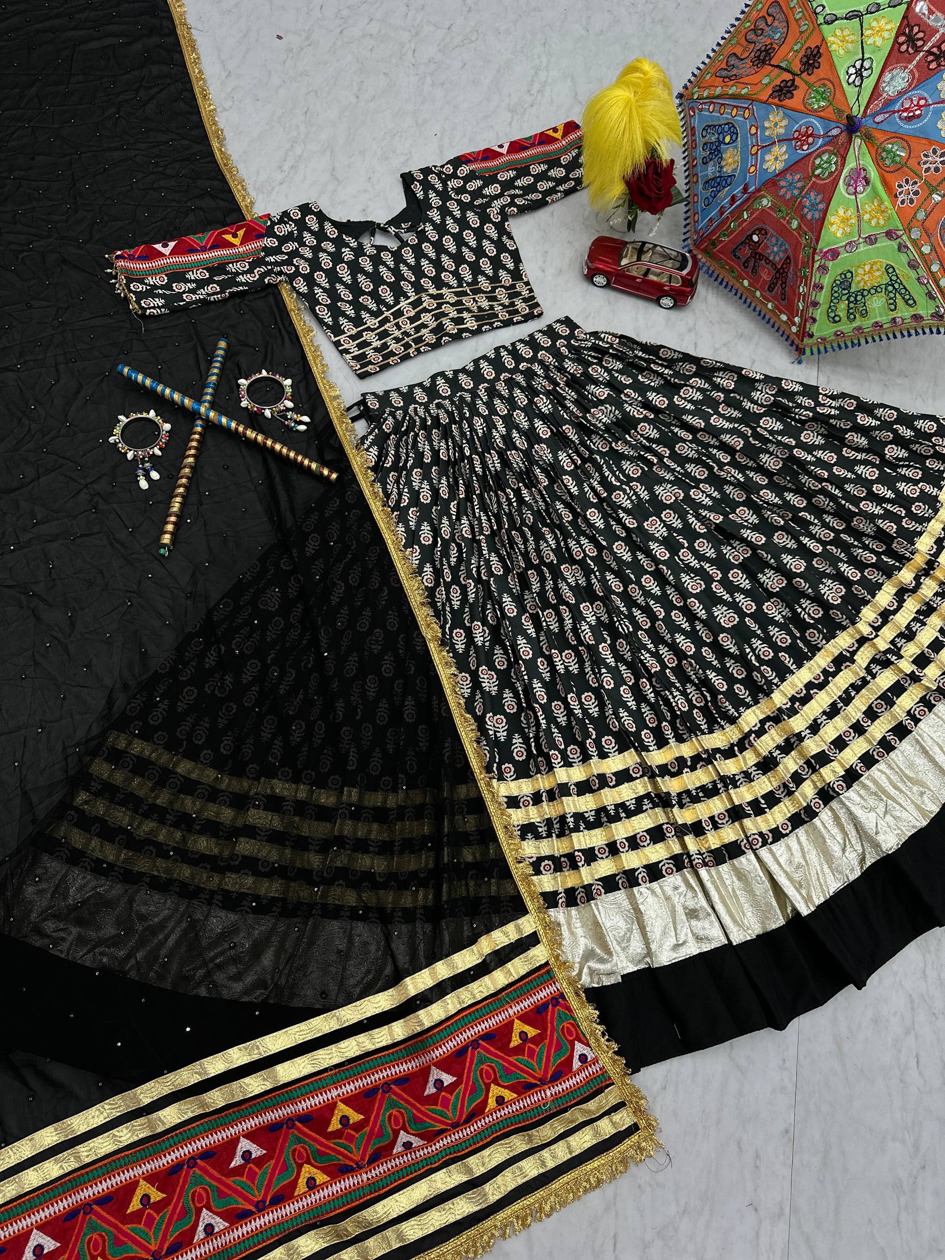 Navratri Wear Black Color Riyon Cotton With  Gamathi Embroidery Work Tradtional Wear Lehenga Choli