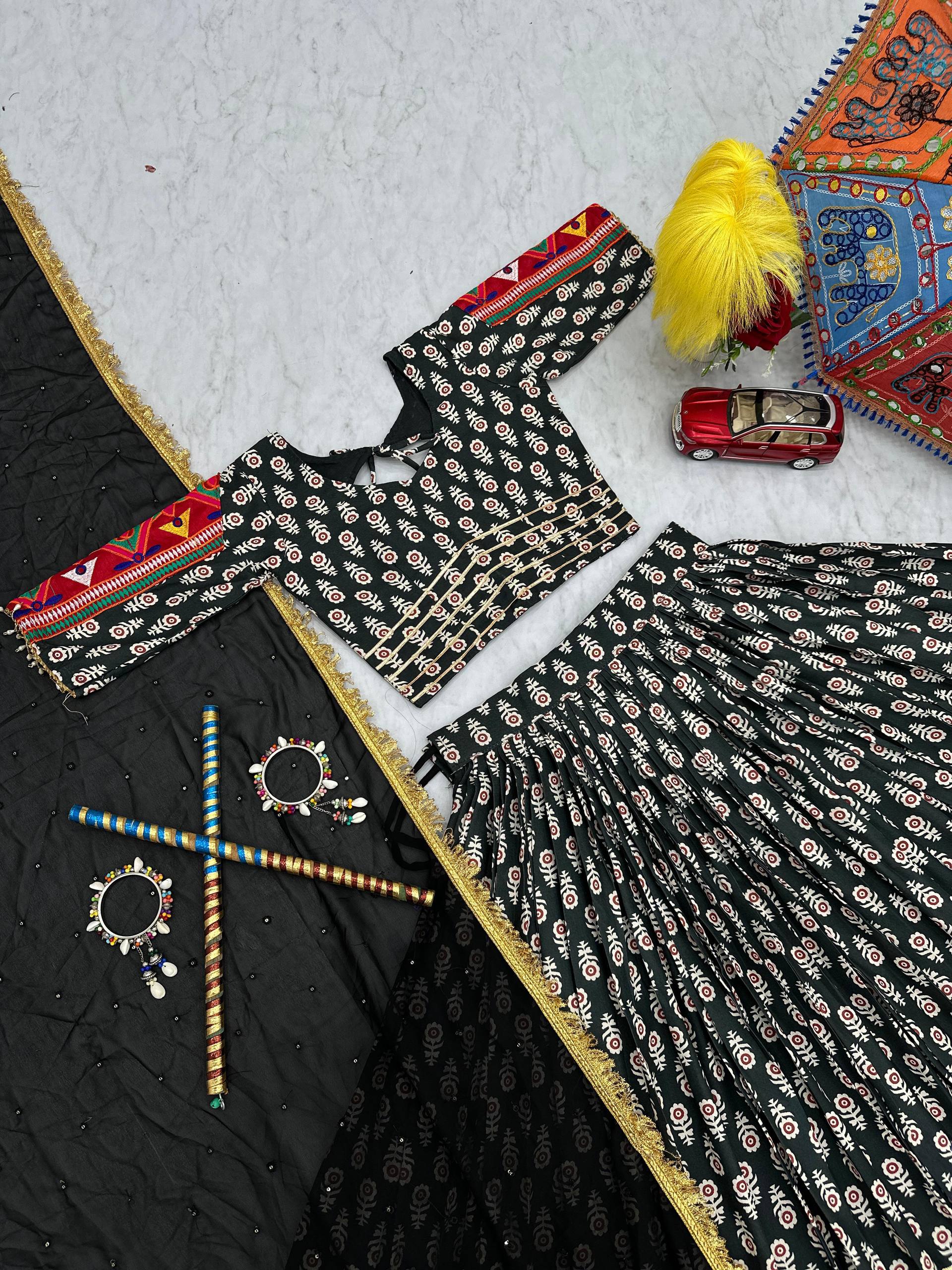 Navratri Wear Black Color Riyon Cotton With  Gamathi Embroidery Work Tradtional Wear Lehenga Choli