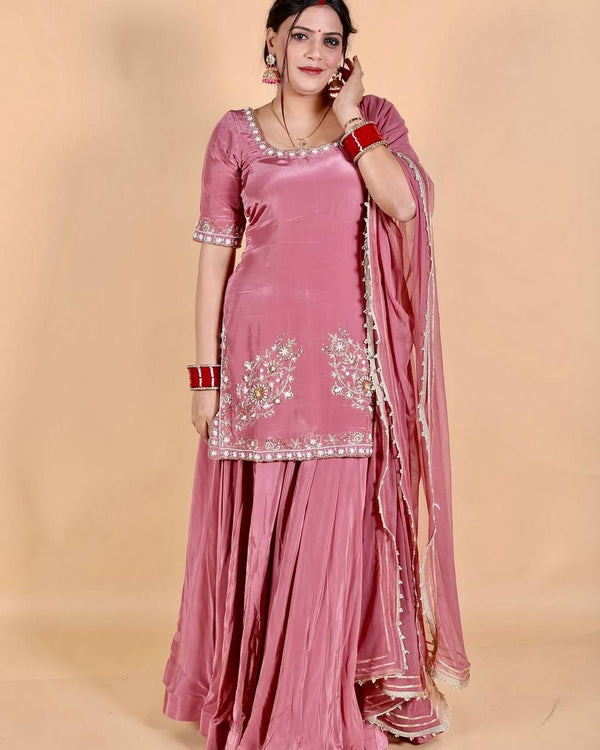 Wedding Wear Pink Color Heavy Natural Crepe Rich Embroidered Sequin Work Sharara Sui