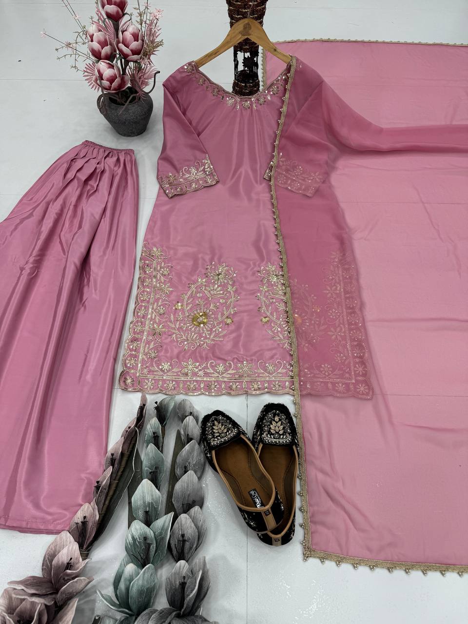 Wedding Wear Pink Color Heavy Natural Crepe Rich Embroidered Sequin Work Sharara Sui