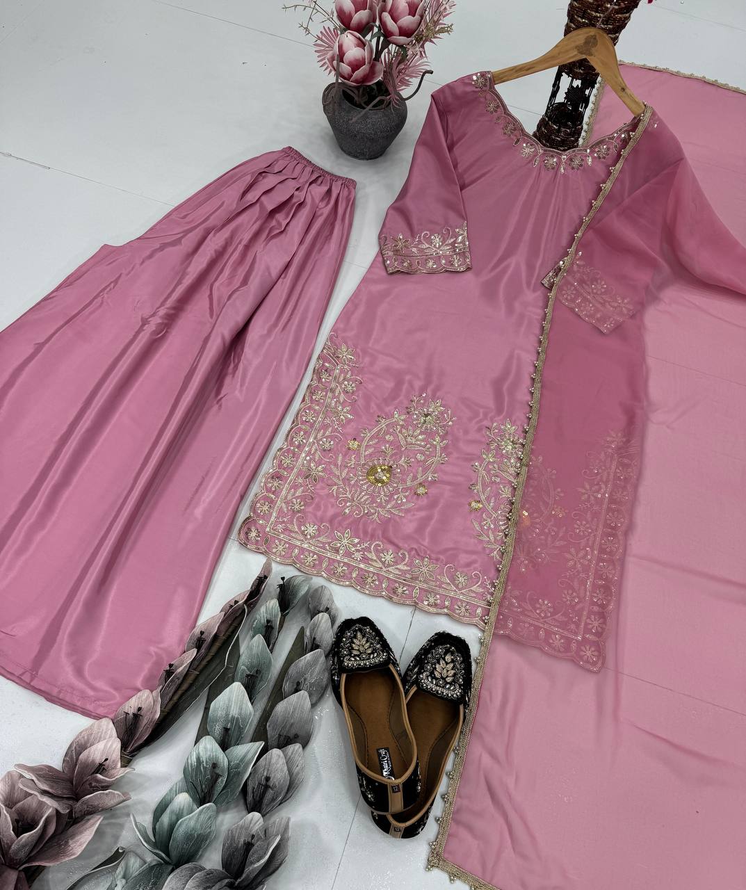 Wedding Wear Pink Color Heavy Natural Crepe Rich Embroidered Sequin Work Sharara Sui