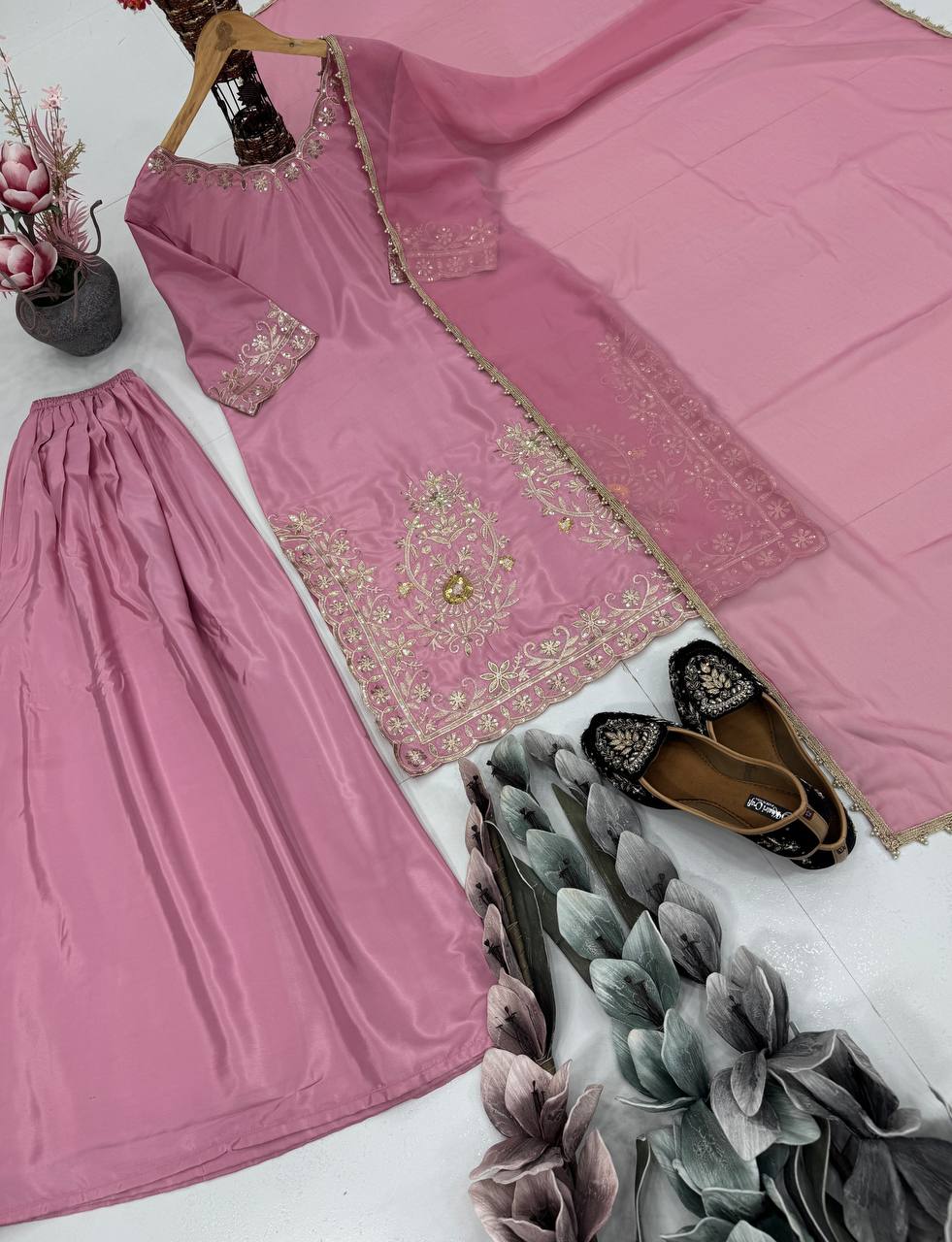 Wedding Wear Pink Color Heavy Natural Crepe Rich Embroidered Sequin Work Sharara Sui