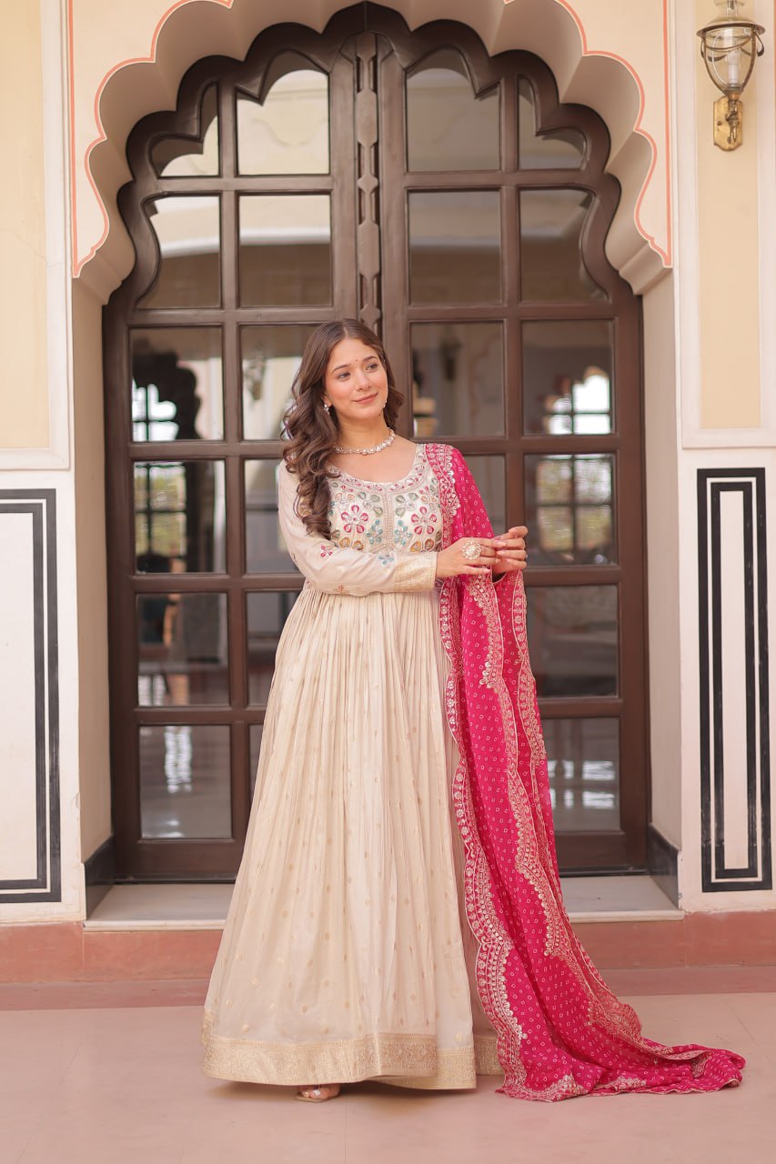 Jaquard Embroidered Off White Color Designer Gown & Pink Dupatta Set