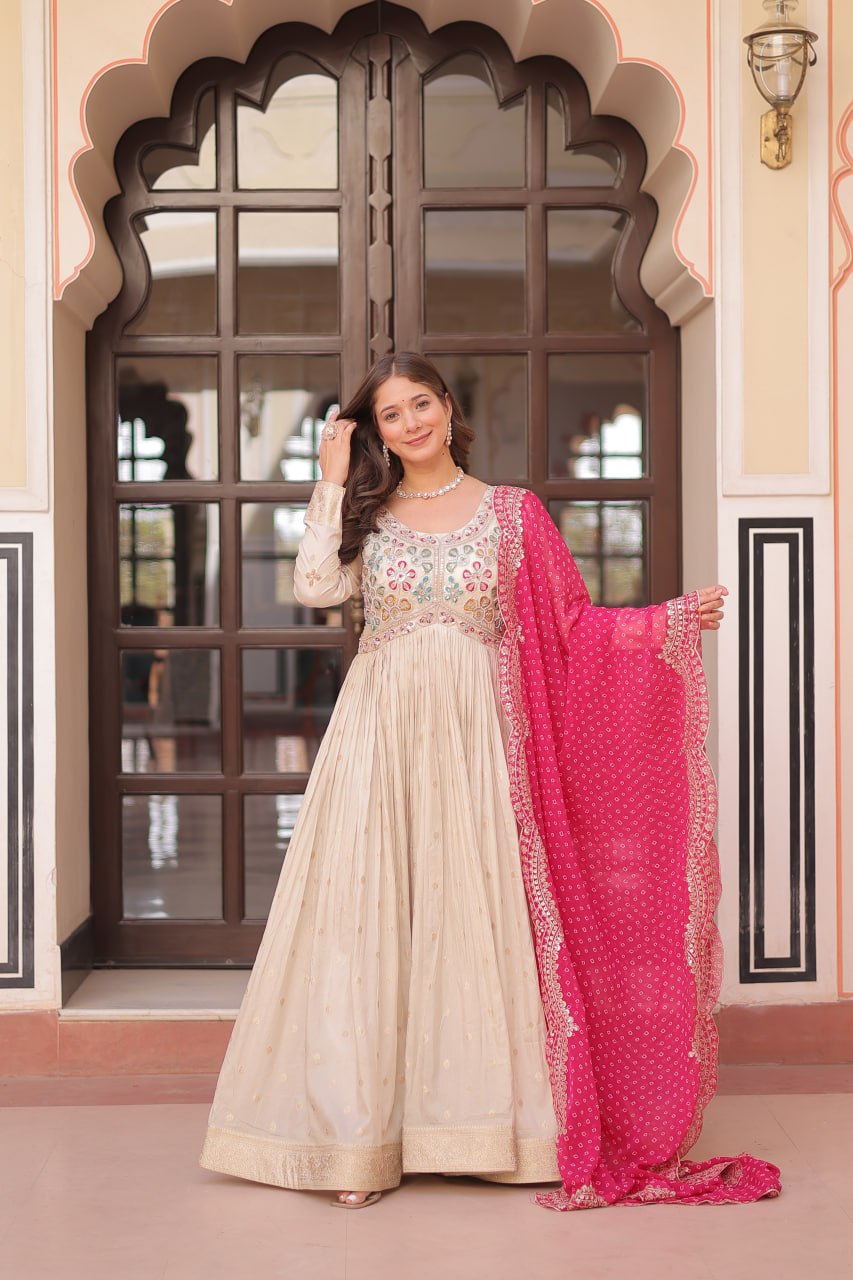 Jaquard Embroidered Off White Color Designer Gown & Pink Dupatta Set