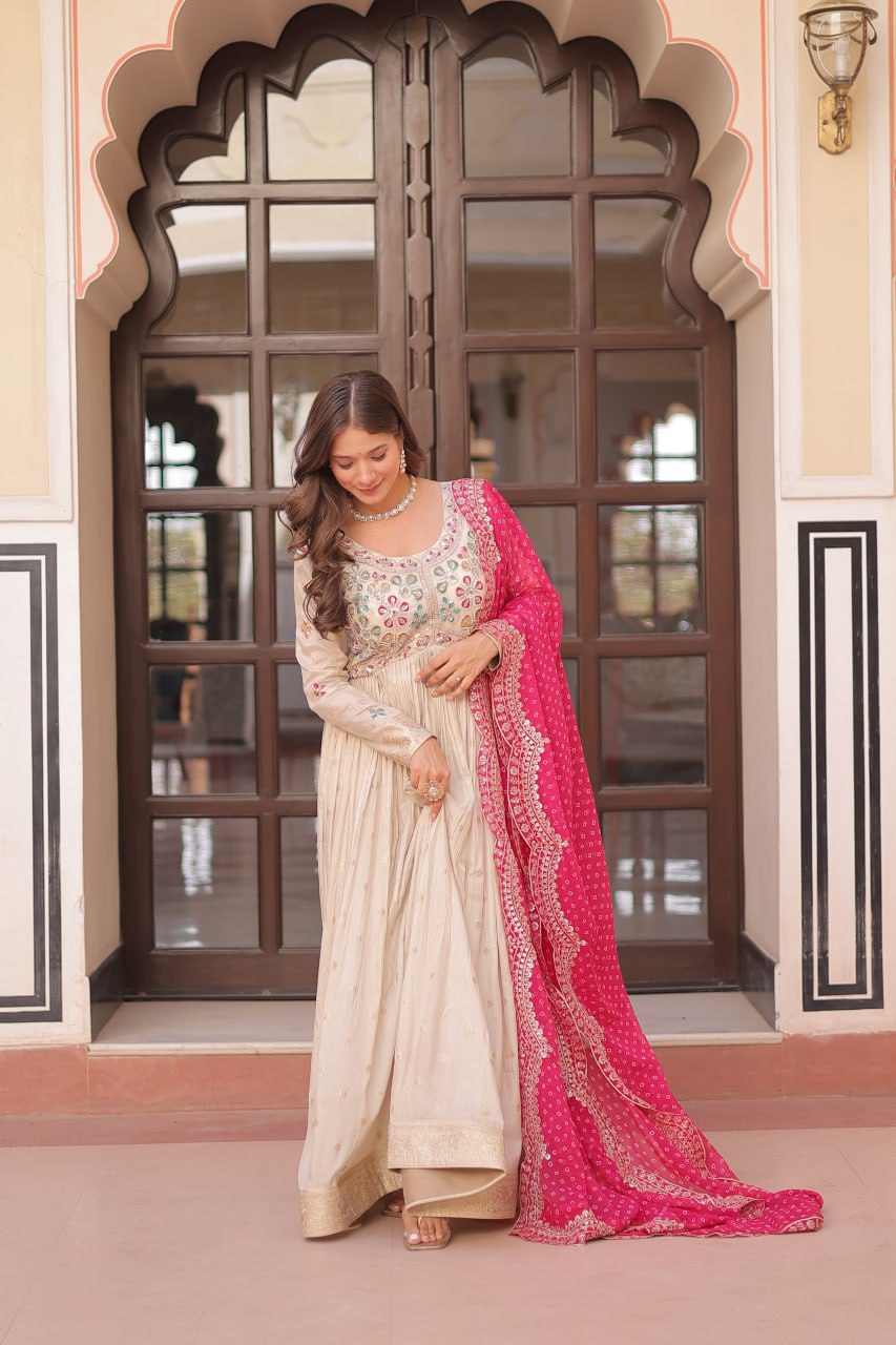 Jaquard Embroidered Off White Color Designer Gown & Pink Dupatta Set