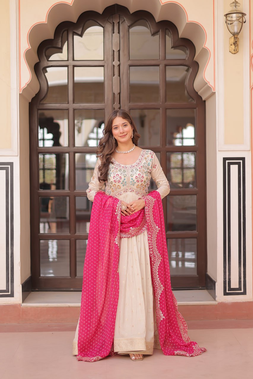 Jaquard Embroidered Off White Color Designer Gown & Pink Dupatta Set