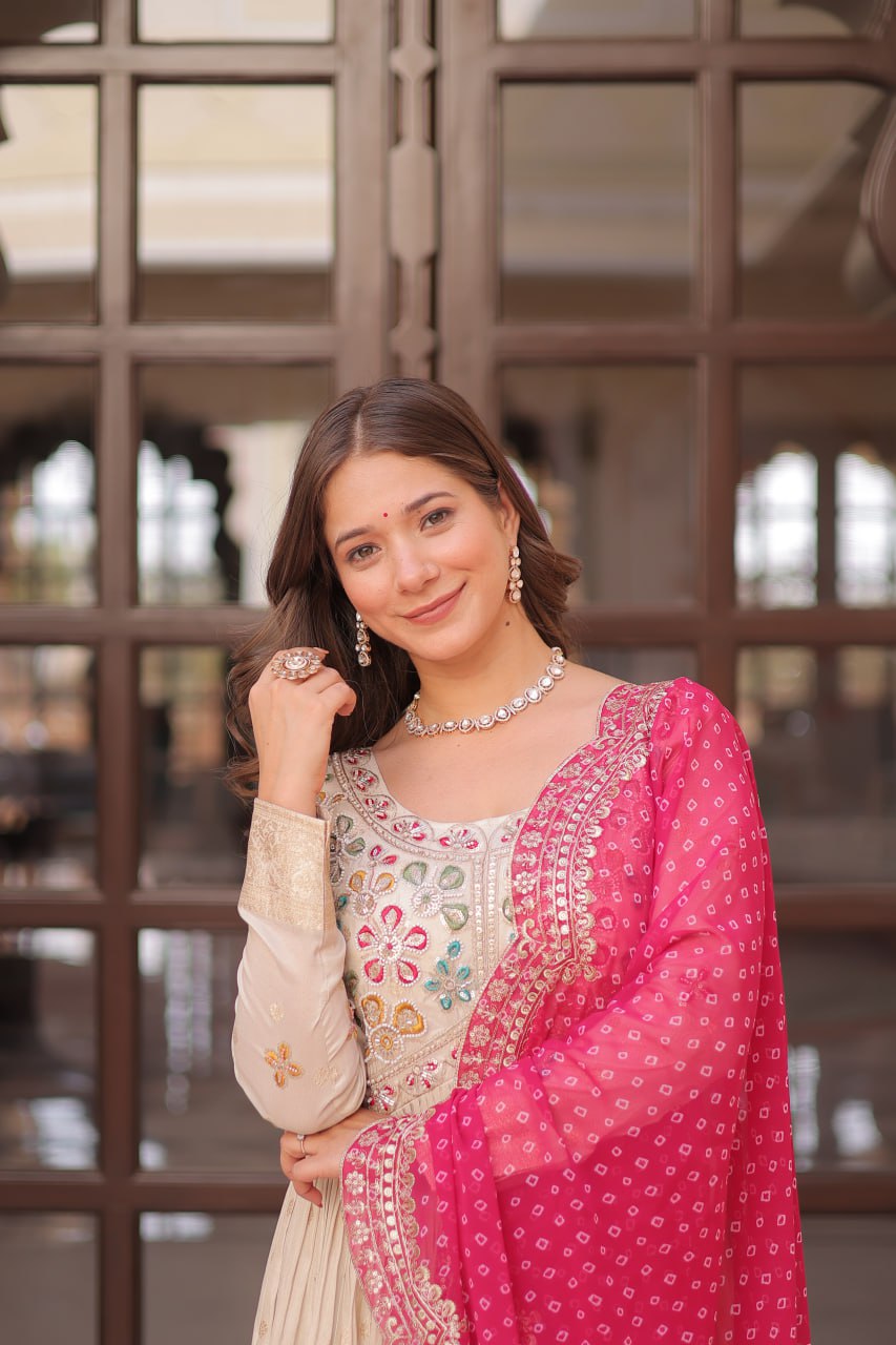 Jaquard Embroidered Off White Color Designer Gown & Pink Dupatta Set