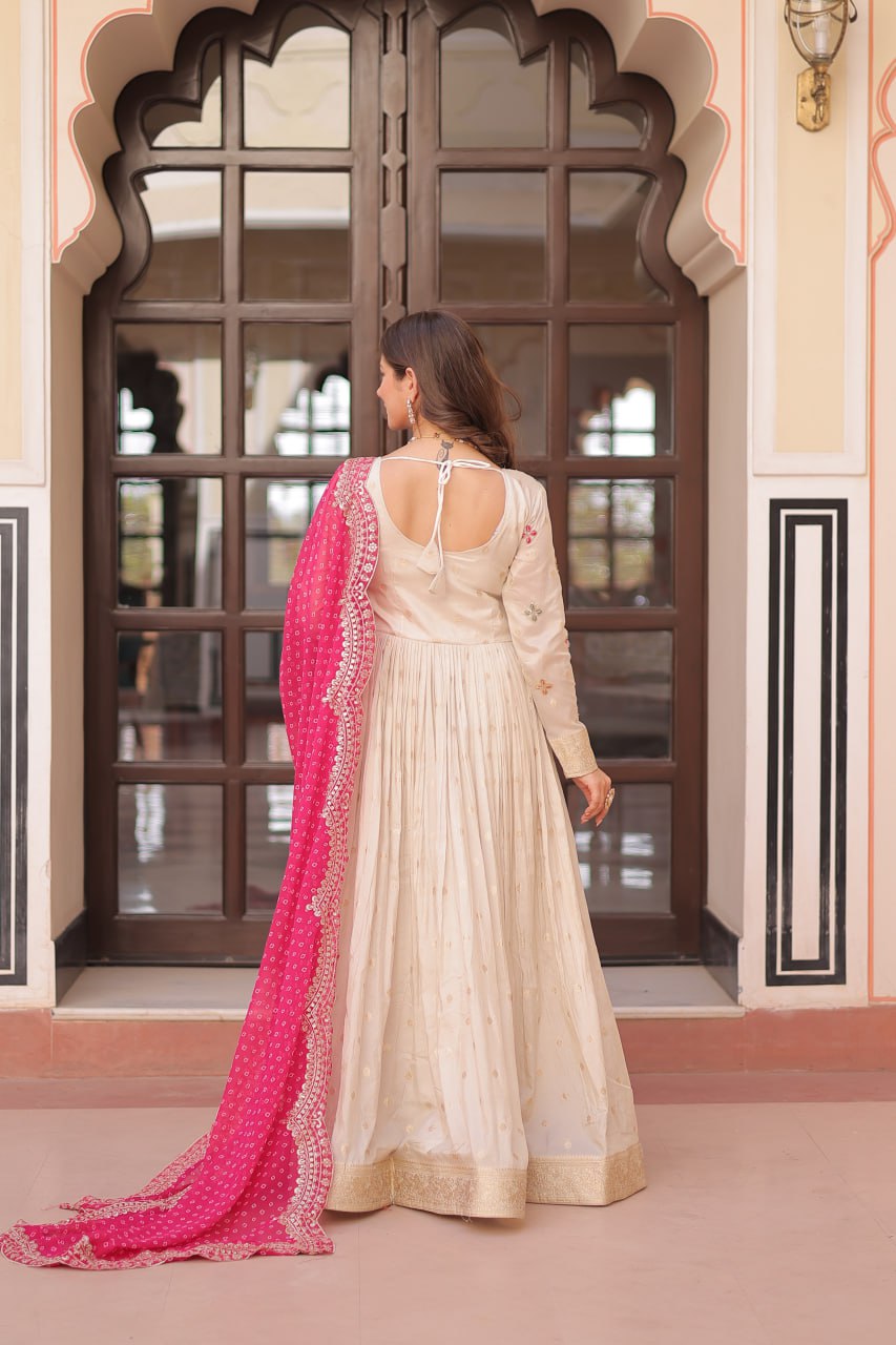 Jaquard Embroidered Off White Color Designer Gown & Pink Dupatta Set