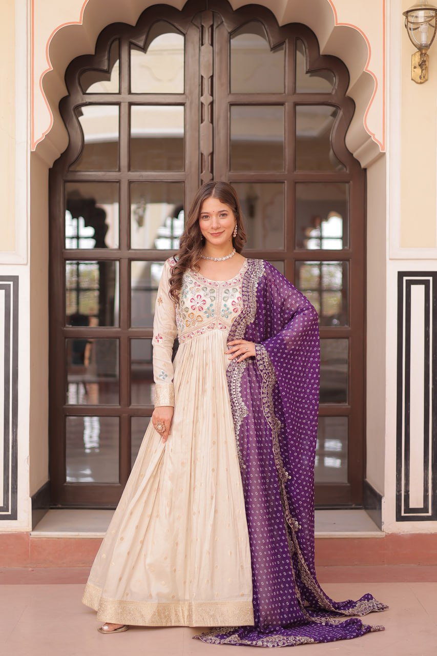 Jaquard Embroidered Off White Color Designer Gown & Purple Dupatta Set