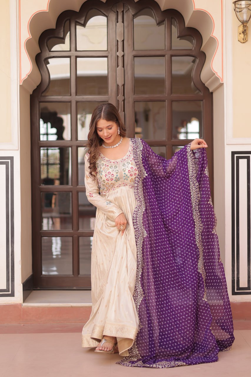 Jaquard Embroidered Off White Color Designer Gown & Purple Dupatta Set