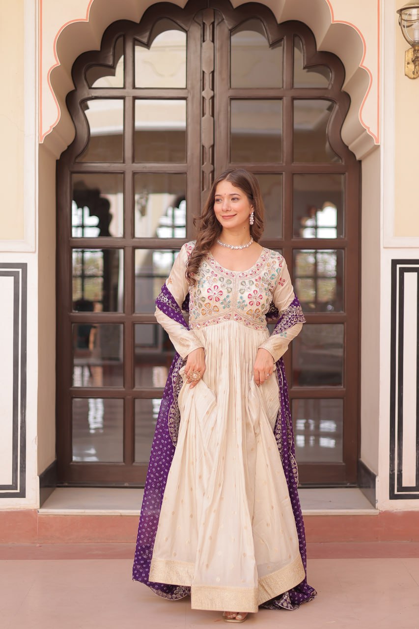 Jaquard Embroidered Off White Color Designer Gown & Purple Dupatta Set