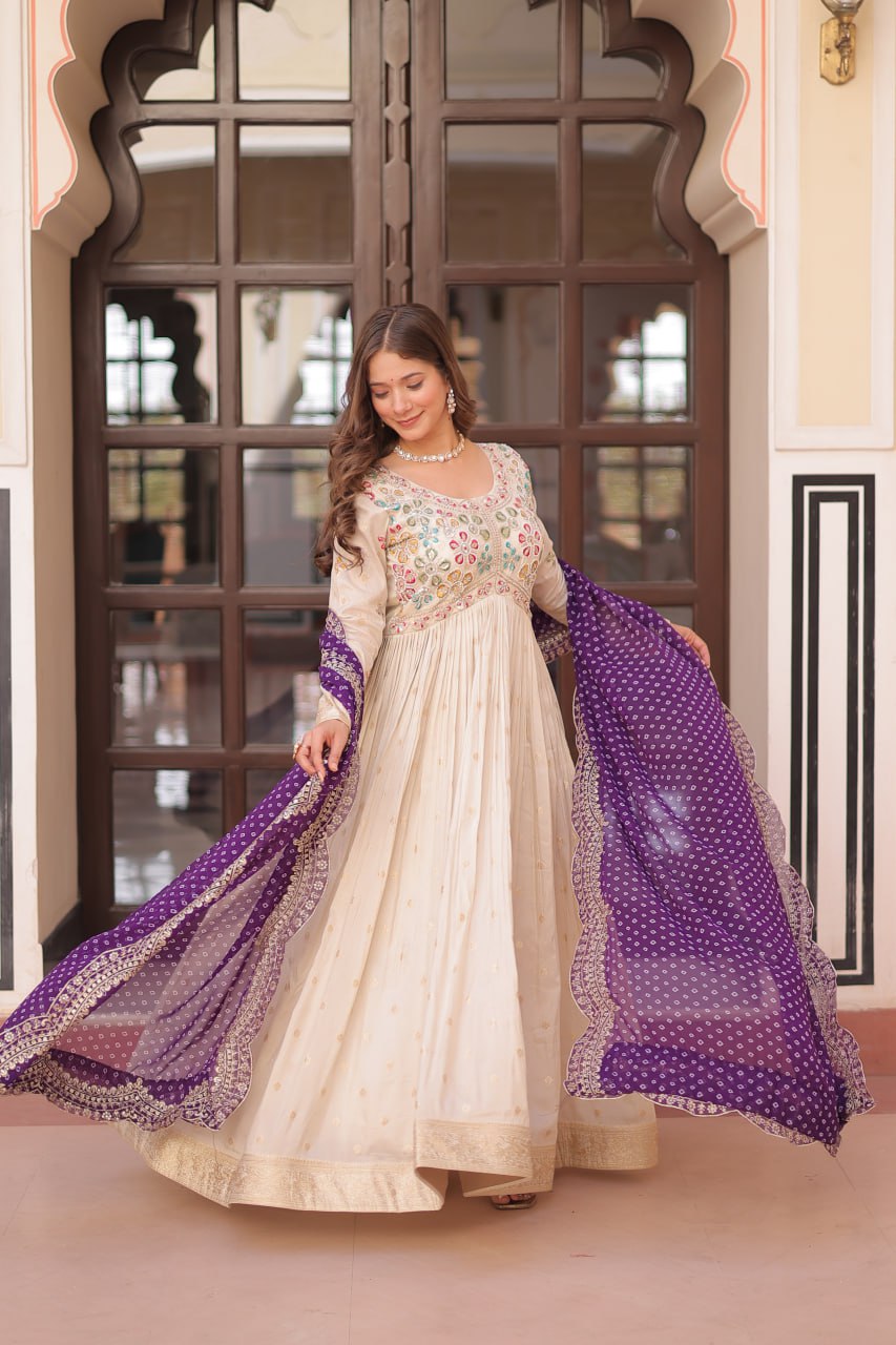 Jaquard Embroidered Off White Color Designer Gown & Purple Dupatta Set