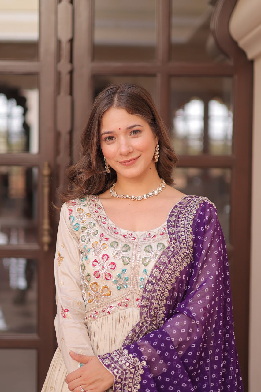 Jaquard Embroidered Off White Color Designer Gown & Purple Dupatta Set