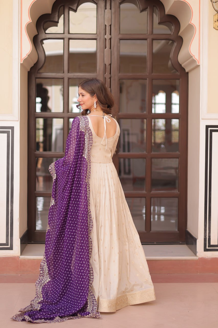 Jaquard Embroidered Off White Color Designer Gown & Purple Dupatta Set