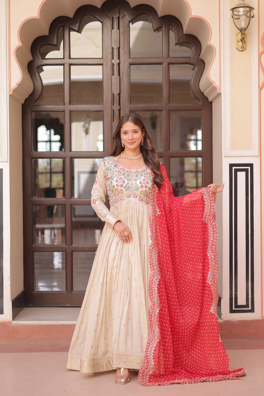 Jaquard Embroidered Off White Color Designer Gown & Orange Dupatta Set