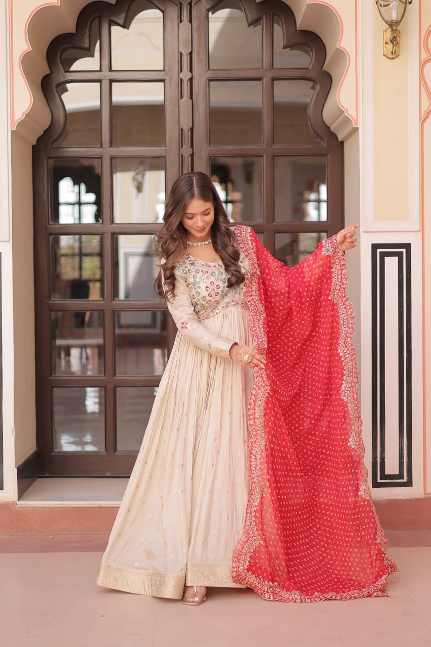Jaquard Embroidered Off White Color Designer Gown & Orange Dupatta Set