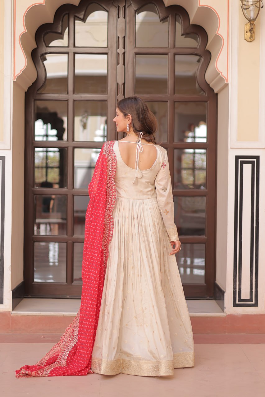 Jaquard Embroidered Off White Color Designer Gown & Orange Dupatta Set