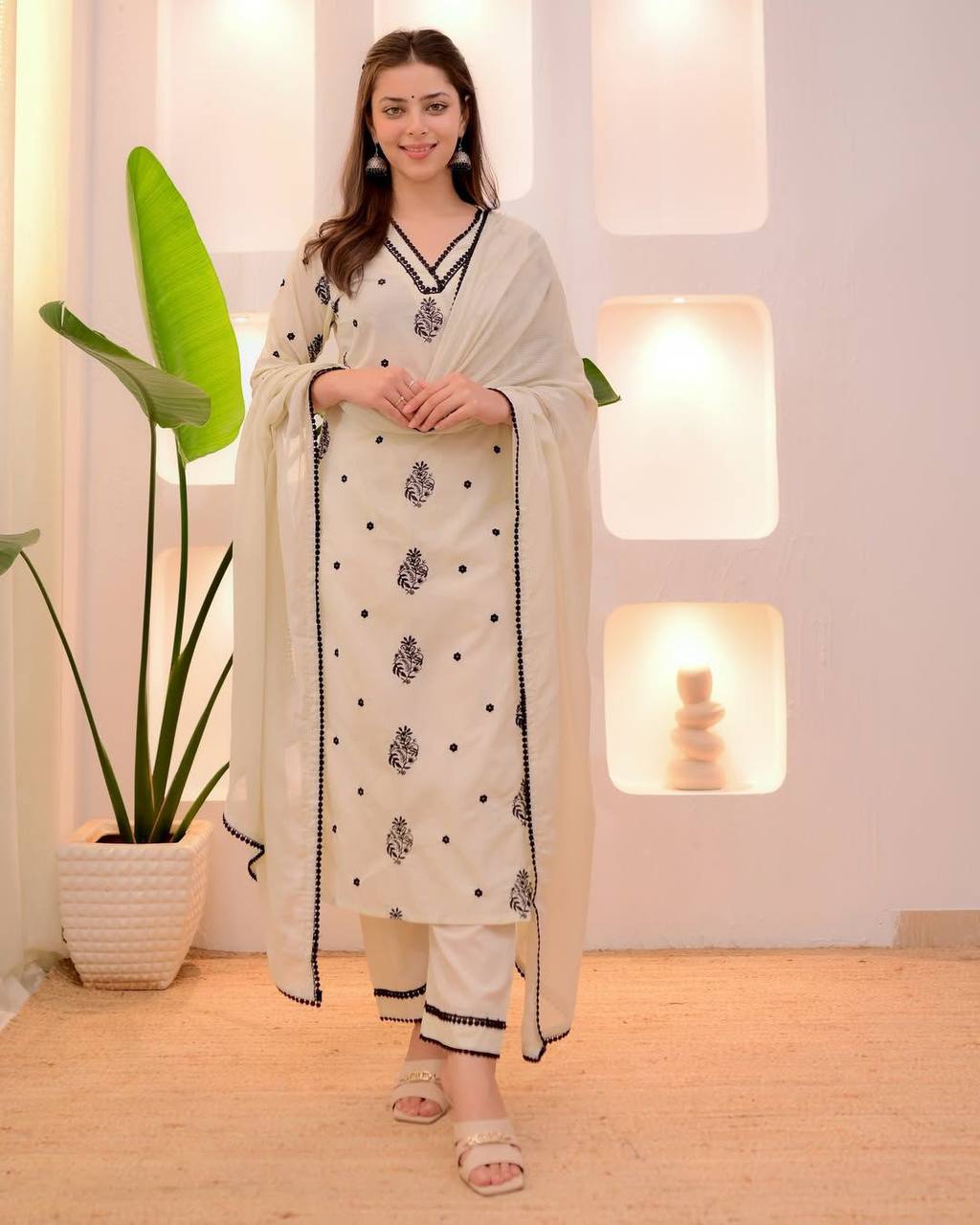 Festive Wear White Color Embroidered Silk Kurta Set With Dupatta