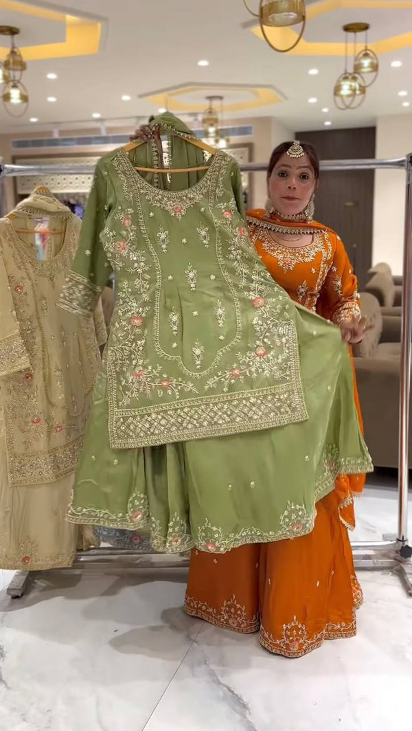 Festive Wear Pista Color Natural Crep Material With Sequence Embroidery Work Sharara Suit