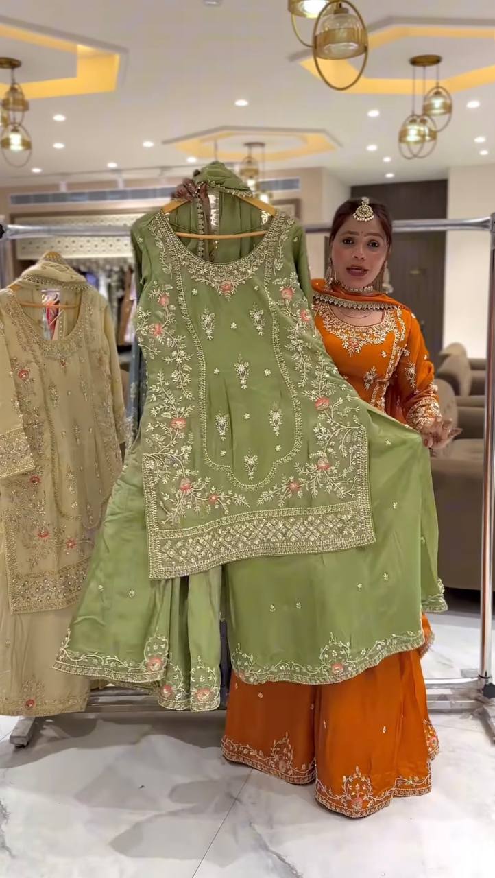Festive Wear Pista Color Natural Crep Material With Sequence Embroidery Work Sharara Suit