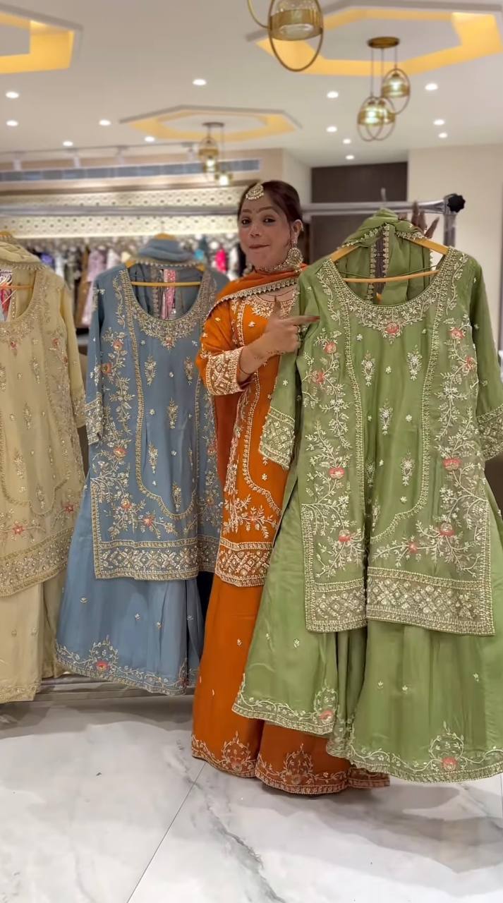 Festive Wear Pista Color Natural Crep Material With Sequence Embroidery Work Sharara Suit