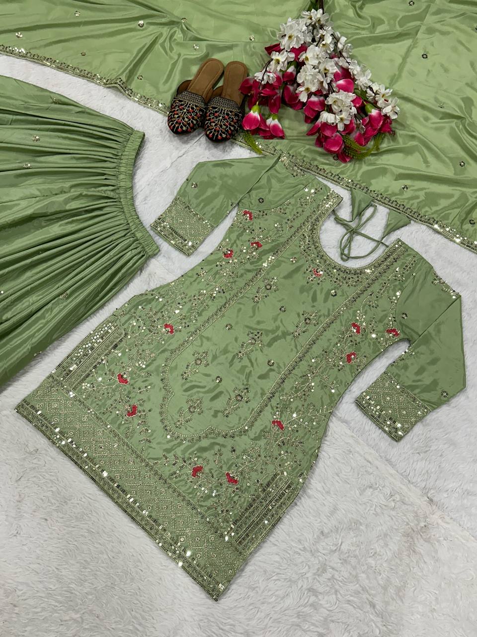 Festive Wear Pista Color Natural Crep Material With Sequence Embroidery Work Sharara Suit