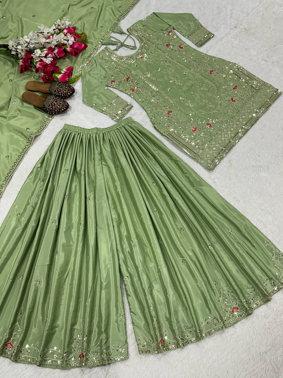 Festive Wear Pista Color Natural Crep Material With Sequence Embroidery Work Sharara Suit