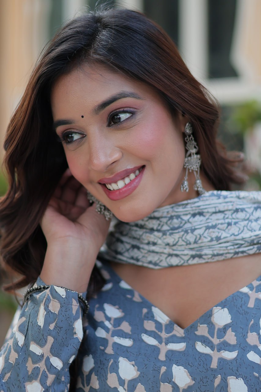 Fabulous Grey Color Pure Cotton Printed Designer Anarkali Suit
