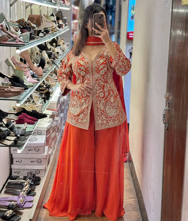 Designer Faux Georgette Orange Color  Embroidered Party Wear Palazzo Set with Dupatta