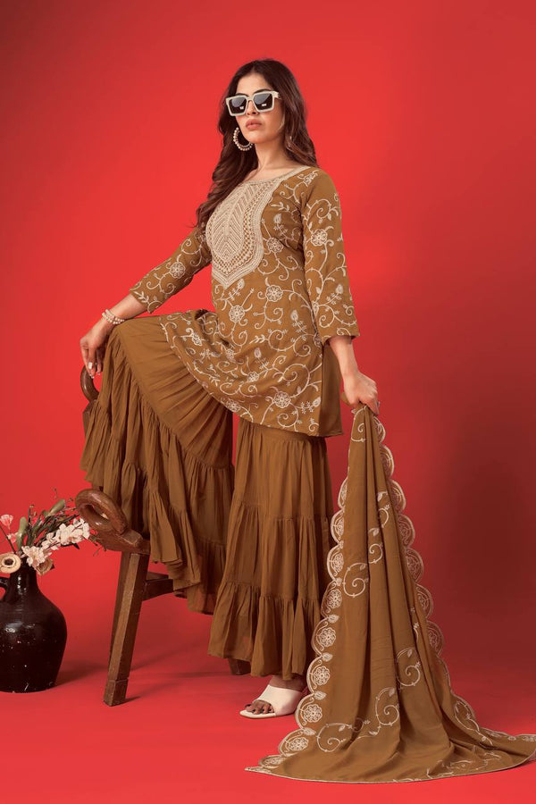 Ceremony Wear Mustard Color Heavy Georgette Embroidery Work Sharara Suit