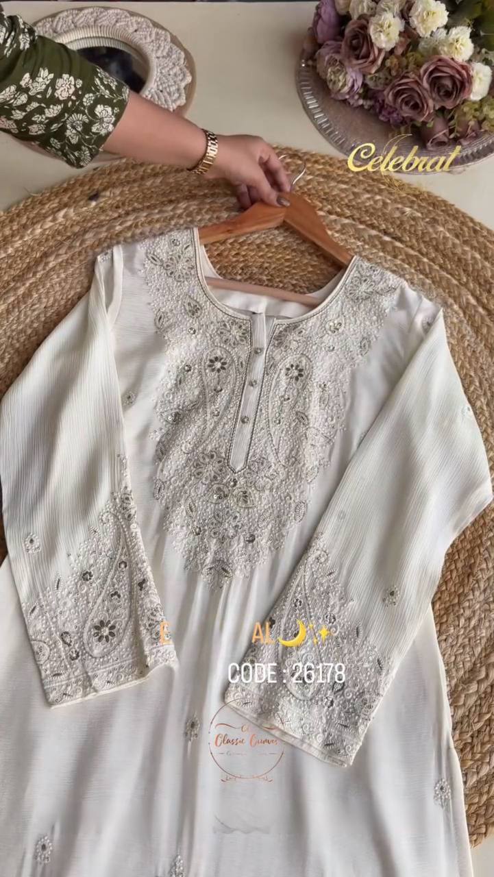 Designer White Color Embroidered Sharara Suit
