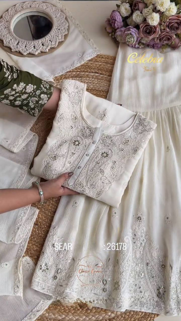 Designer White Color Embroidered Sharara Suit