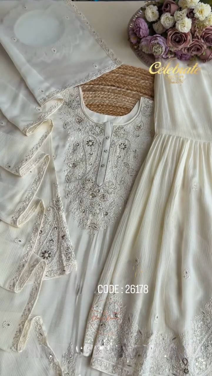 Designer White Color Embroidered Sharara Suit