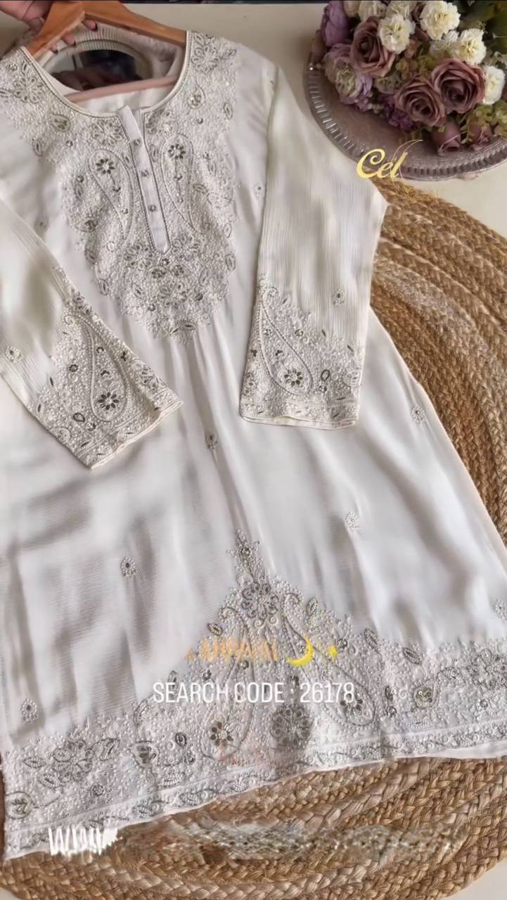 Designer White Color Embroidered Sharara Suit