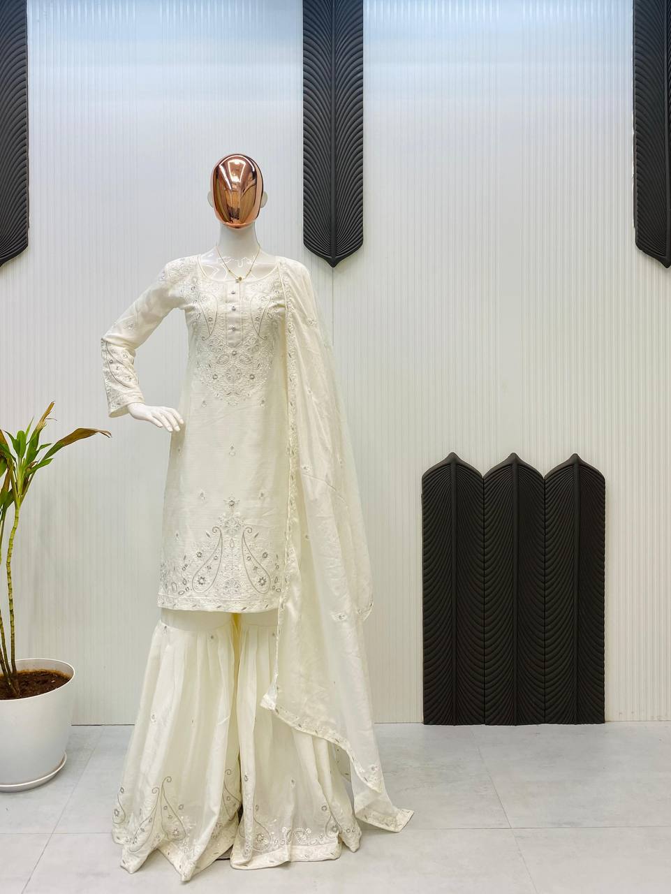 Designer White Color Embroidered Sharara Suit