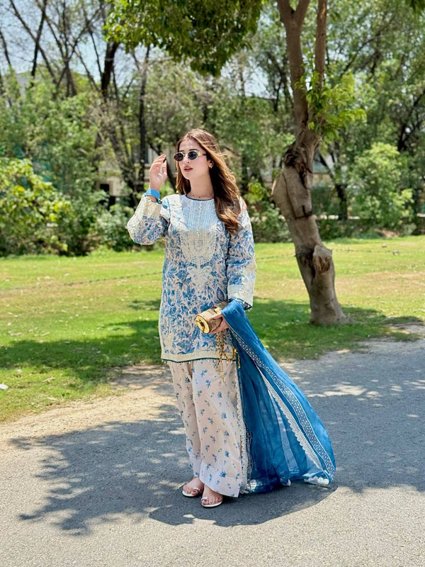 Functions Wear Blue Color Pure Natural Crepe And Digital Print With Delicate Embroidery Work Palazzo Suit