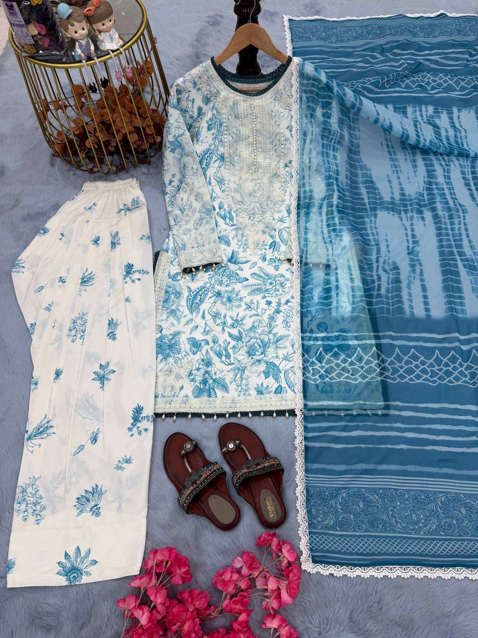 Functions Wear Blue Color Pure Natural Crepe And Digital Print With Delicate Embroidery Work Palazzo Suit