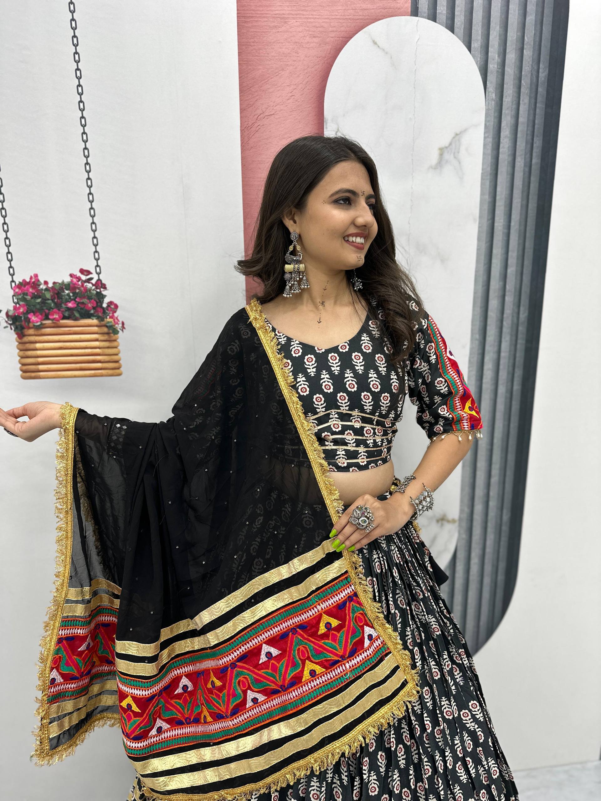 Navratri Wear Black Color Riyon Cotton With  Gamathi Embroidery Work Tradtional Wear Lehenga Choli