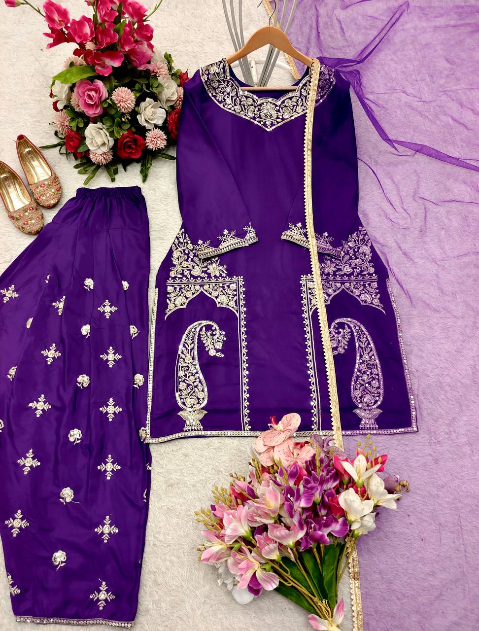 Marvelous Purple Color Pure Natural Crepe with Heavy Embroidery With Sequence Work Palazzo Salwar Suit