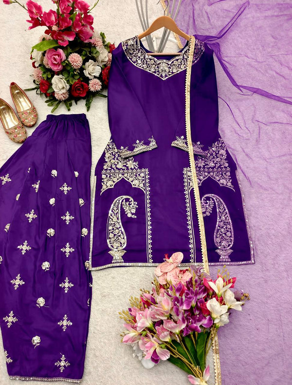 Marvelous Purple Color Pure Natural Crepe with Heavy Embroidery With Sequence Work Palazzo Salwar Suit