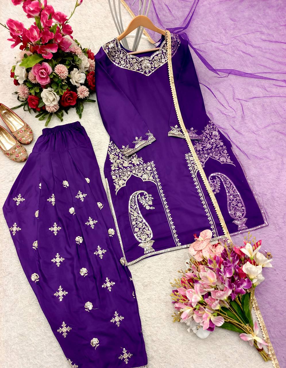 Marvelous Purple Color Pure Natural Crepe with Heavy Embroidery With Sequence Work Palazzo Salwar Suit
